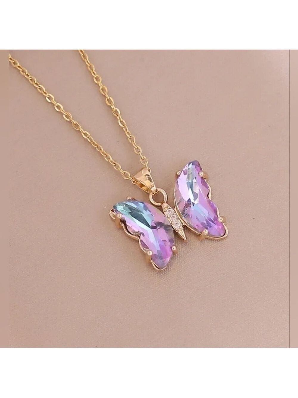 18K Gold Plated Stainless Steel Chain, Glass Butterfly Pendant, Light Purple